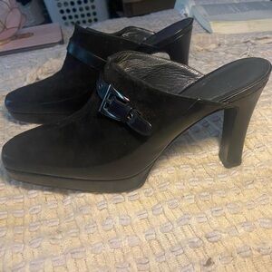Stuart Weitzman black platform heel mules